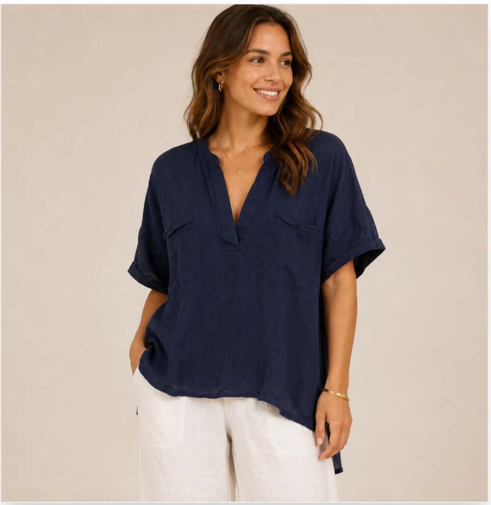MERSEA Shirt Womens One Size Blue V Neck Short Sleeve Lightweight Top Blouse
